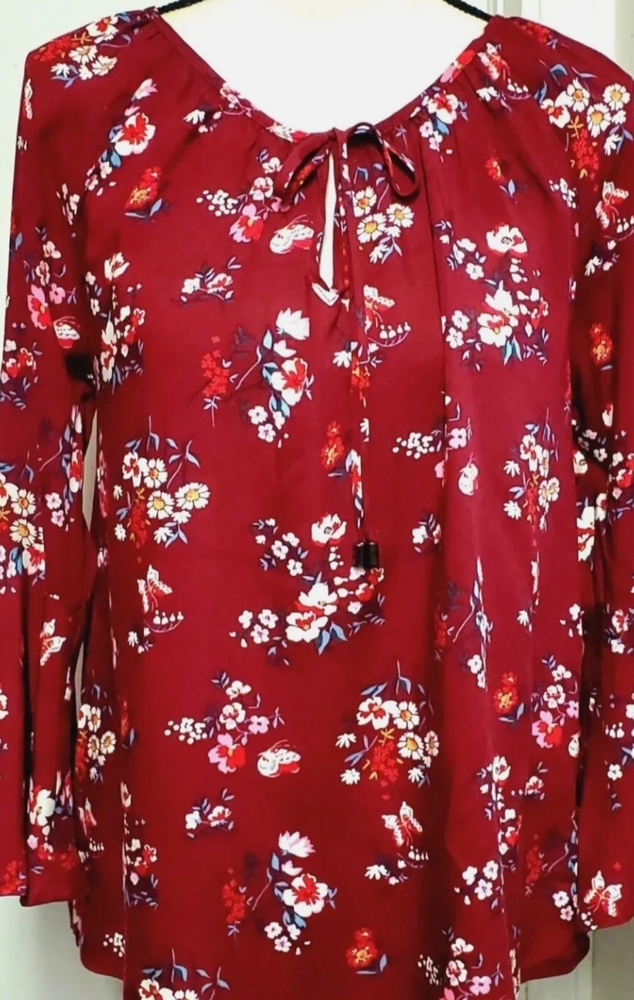 Krazy Kat Wine Flowers Ruffled Sleeves Boho Peasant Women Blouse Size Medium
